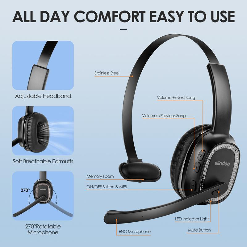 Siindoo Trucker Bluetooth Headphones with Microphone Noise Cancelling Wireless on Ear Headset,Call Center Headphone Hands Free Headset for Office Home High Quality