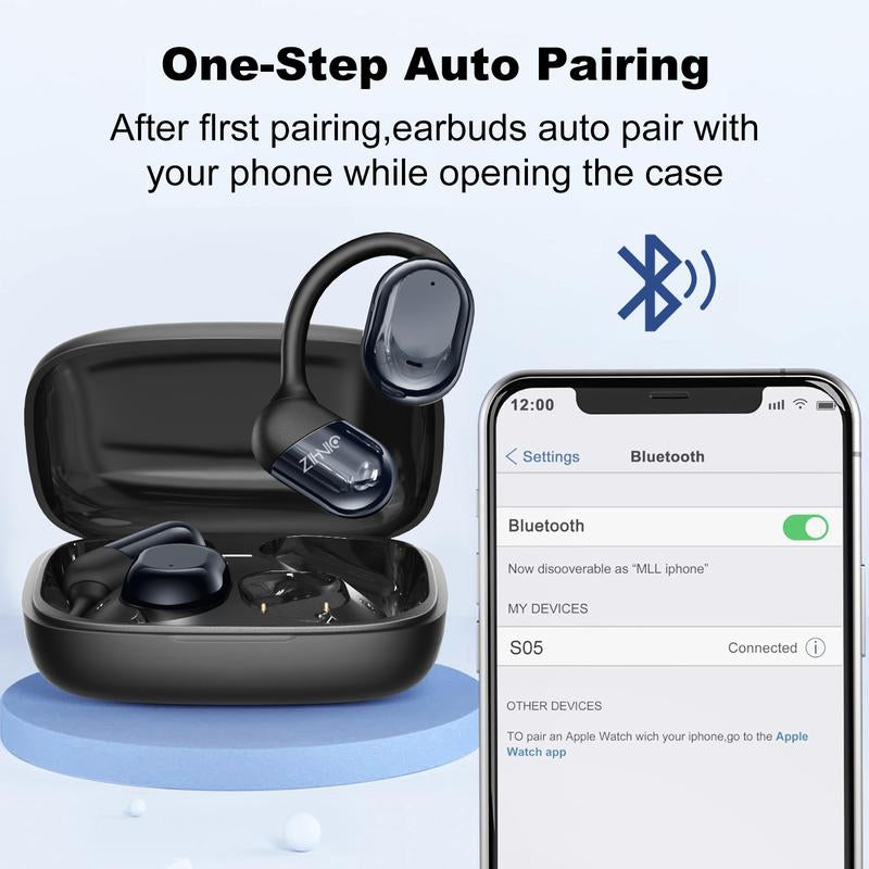 ZIHNIC S05 Open-Ear Headphone Bluetooth V5.4 IPX5 Waterproof Wireless Earphones for Gaming, Travel, and Sports with Built-In Mic - Black Cool Head Phones