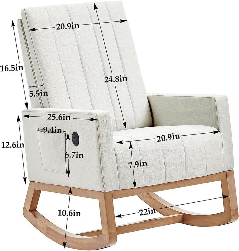VECELO Rocking Chair with USB Charging Port Nursery Chair Upholstered Glider Rocking Chair Upholstered Seat High Back Armchair Comfort Side Chair for Living Room Bedroom Office (Ivory/Gray/Brown)