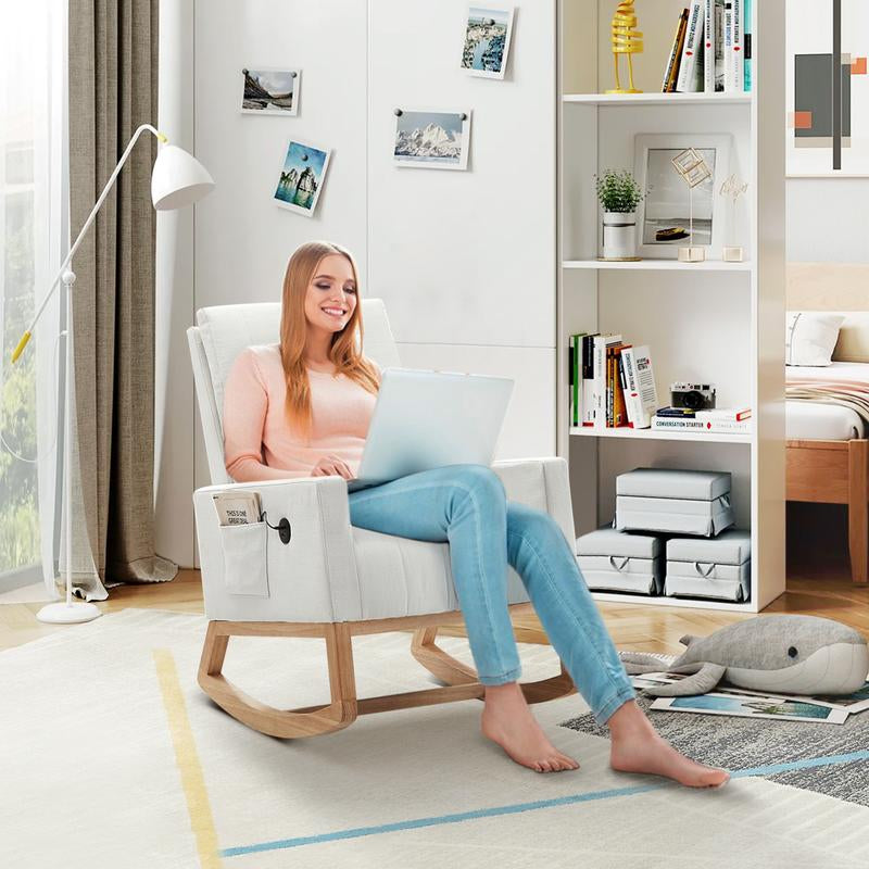 VECELO Rocking Chair with USB Charging Port Nursery Chair Upholstered Glider Rocking Chair Upholstered Seat High Back Armchair Comfort Side Chair for Living Room Bedroom Office (Ivory/Gray/Brown)